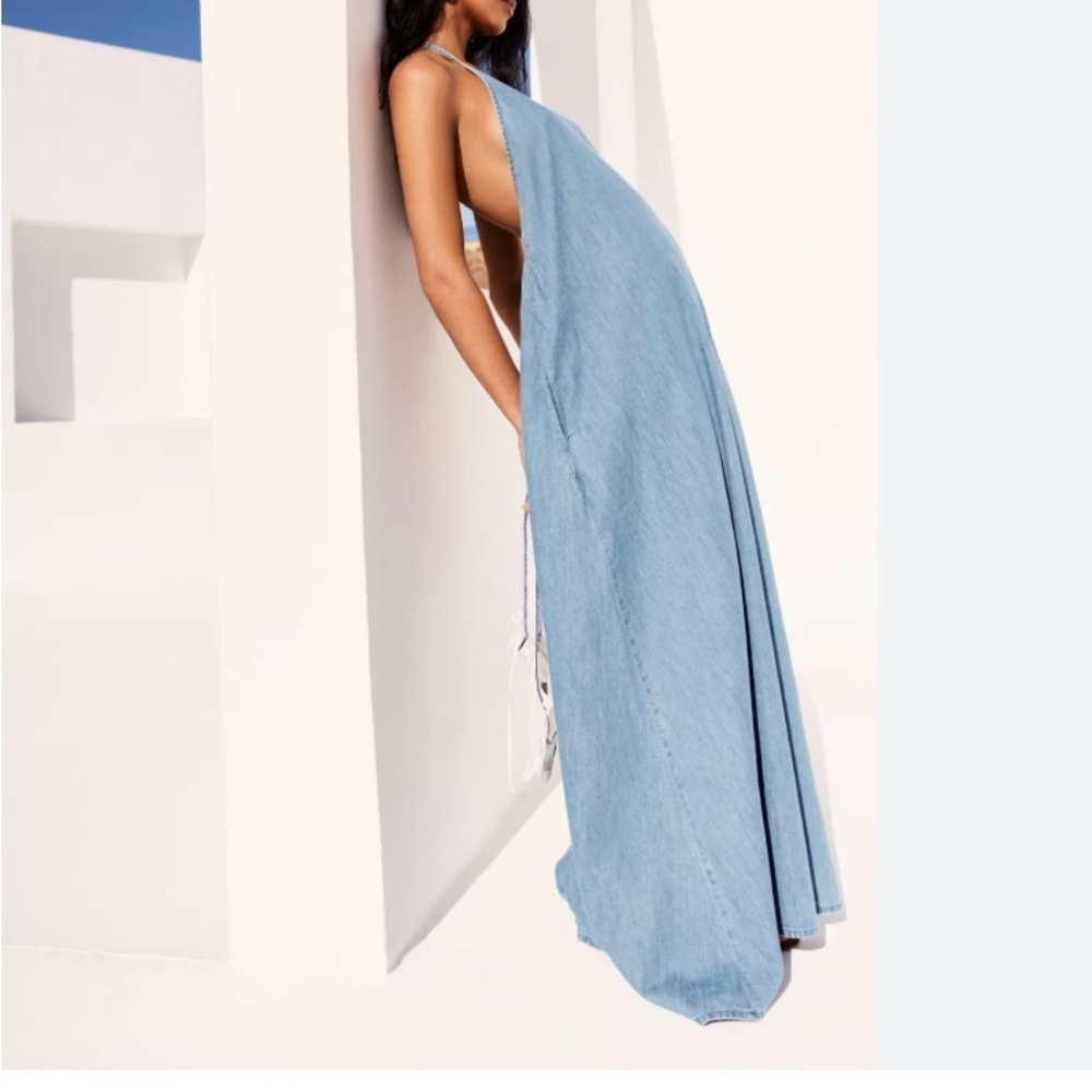 NWT Pull & Bear Long Denim Maxi Halter Dress Chambray Size L